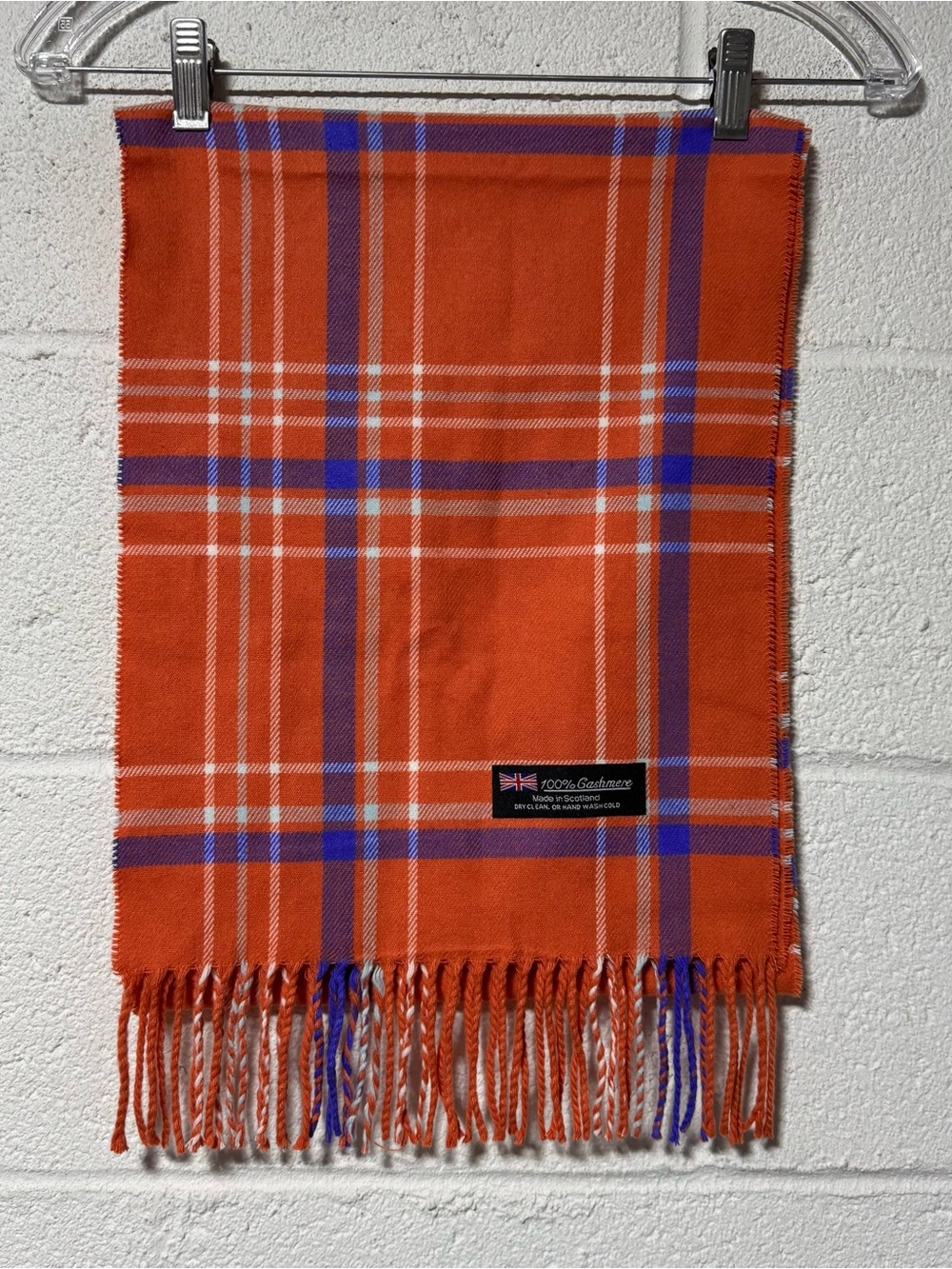 Cashmere Plaid Scarf Orange Purple White Fringe Made in Scotland Unisex Preppy